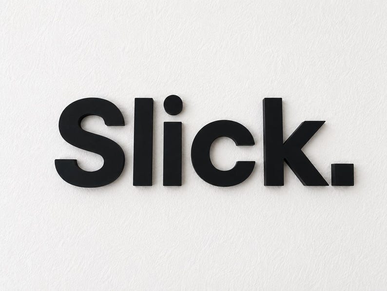 Puede incluir: La palabra Slick. representada en letras negras, negritas y tridimensionales. Los caracteres est&aacute;n dispuestos horizontalmente, con un punto distintivo sobre la letra i y un punto cuadrado al final de la palabra.