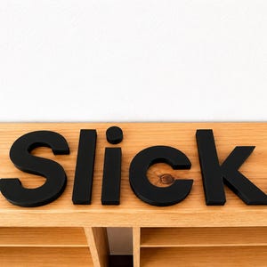 Puede incluir: Un conjunto de letras tridimensionales en negro mate que forman la palabra "Slick." con un punto al final. Las letras est&aacute;n dispuestas en una l&iacute;nea horizontal y presentan una tipograf&iacute;a sans-serif limpia con un acabado liso y s&oacute;lido.
