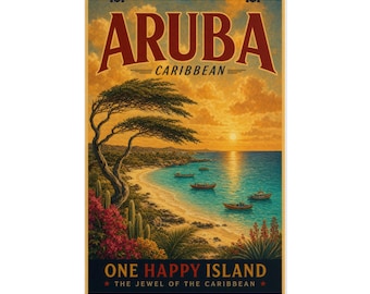 Opgerolde Caribische vintage reisposter Aruba | Eén gelukkig eiland