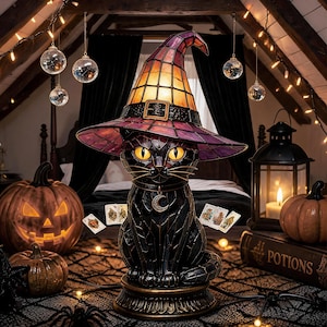 May include: A stained glass lamp shaped like a black cat wearing a purple and orange witch hat with a buckle. The cat has glowing yellow eyes and a crescent moon pendant. The lamp sits on a circular base, surrounded by pumpkins and a book.