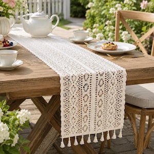 Crochet Lace Table Runner, French Country Dresser Scarf, Boho Farmhouse Table Decor, Vintage Lace Runner With Tassels, Dining Table Cover