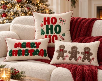 Christmas Pillow Covers, Tufted Holiday Cushion Covers, Gingerbread Snowflake Ho Ho Ho Pillow, Festive Christmas Home Decor