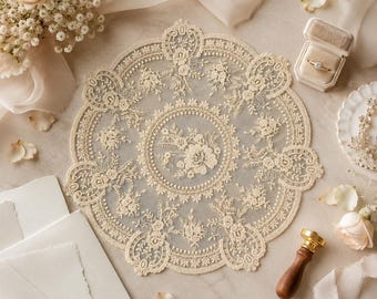 Romantic Wedding Lace Placemat, Round Floral Embroidery Doily, Vintage Table Cloth, Elegant Reception Decor