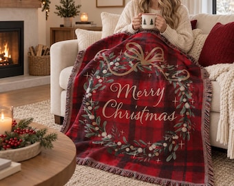 Christmas Throw Blanket, Red Buffalo Plaid Woven Blanket, Merry Christmas Wreath, Fringed Holiday Decor