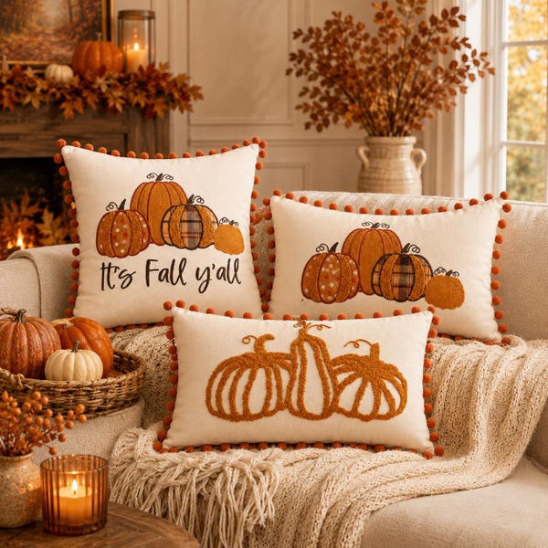Embroidered Pillow Cover, Pumpkin Cushion Case, Farmhouse Thanksgiving Halloween Decor, 18x18 or Lumbar