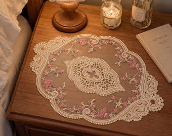 Embroidered Lace Doily, Floral Table Topper, Sheer Lace Table Mat, Vintage Cottagecore Decor, Dresser & Coffee Table Accent