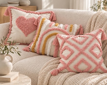 Tufted Boho Pillow Cover, Pink Heart & Abstract Arch Cushion, Girls Room Decor, Scandinavian Throw Pillow, Nursery Decor