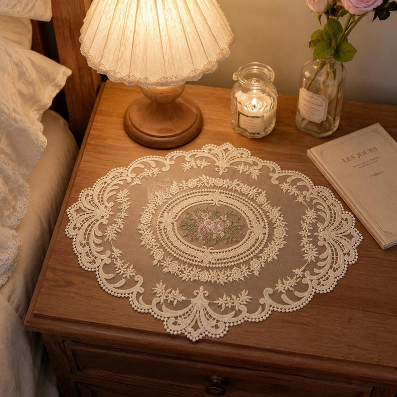 Vintage Cottagecore Decor, Floral Rose Embroidery, Oval Lace Table Mat, Doily Crochet Pattern Gift image 3