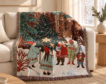 Christmas Woven Blanket, Winter Forest Tapestry Throw, Folk Art Carolers Blanket, Cozy Holiday Bedspread with Fringe