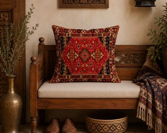 Vintage Persian Style Pillow Cover, Oriental Kilim Cushion Case, Red Tribal Throw Pillow, Global Home Decor