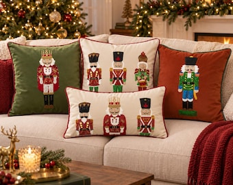 Nutcracker Christmas Pillow Cover, Handmade Embroidered Holiday Cushion, Dobby Woven Christmas Decor, 18x18 & 12x20