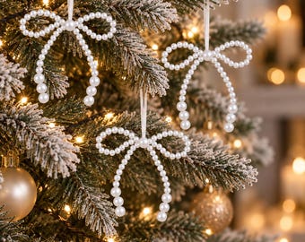 Pearl Bow Christmas Tree Ornaments, White Beaded Christmas Bows, Elegant Holiday Tree Decor, Coquette Christmas Ornament