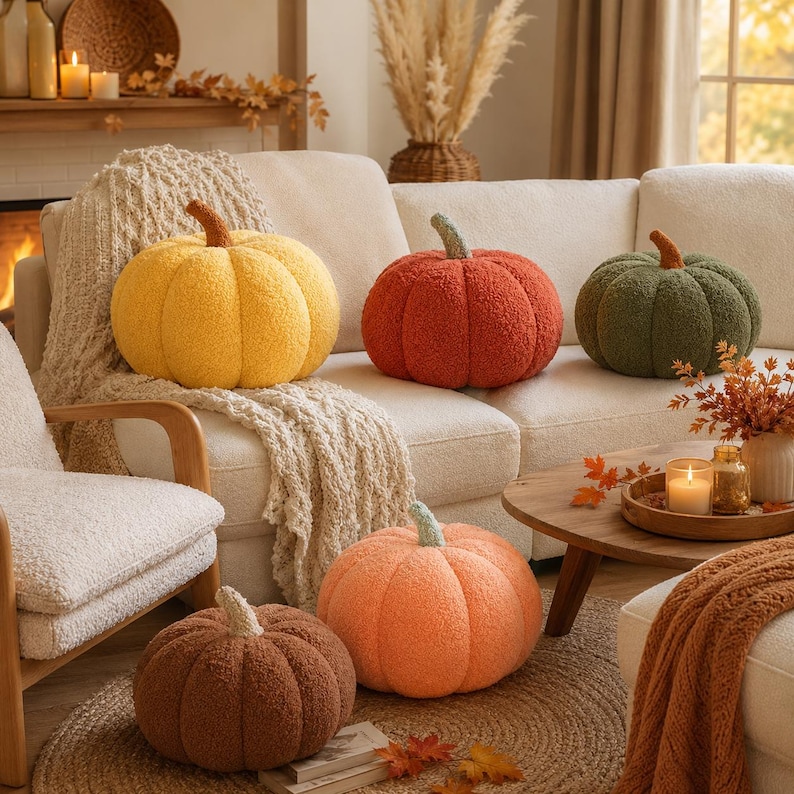 May include: A collection of five plush pumpkin-shaped pillows in yellow, orange, red, green, and brown. Each round, textured cushion features a small stem on top. These soft, decorative pillows are arranged on and around a cream-colored sofa.