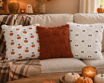 Halloween Pillow Covers, Ghost Pumpkin Plush Faux Fur Pillow Case, Fall Throw Pillow Cover, Spooky Sofa Decor (18x18 in)