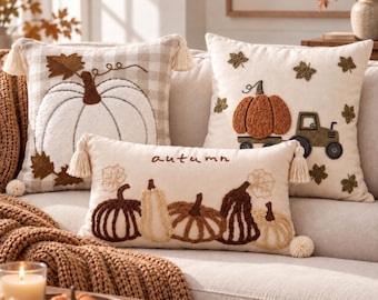 Autumn Pumpkin Pillow Cover, Fall Throw Pillow, Embroidered Pumpkin Cushion, Neutral Farmhouse Decor, Thanksgiving Home Decor