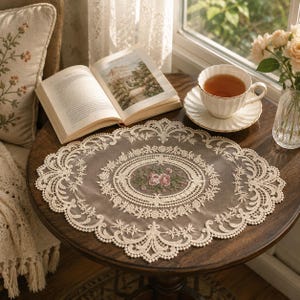 Vintage Cottagecore Decor, Floral Rose Embroidery, Oval Lace Table Mat, Doily Crochet Pattern Gift image 4
