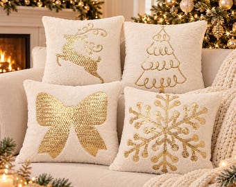 Christmas Pillow Cover, Gold Sequin Holiday Cushion, Plush White Throw Pillow, 18x18 Christmas Decor