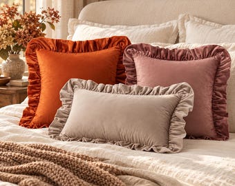 Velvet Ruffle Pillow Cover, Fall Throw Pillow Cover, Rust Orange Mustard Green Cushion, Cottagecore Sofa Bed Decor, Square Lumbar Pillow