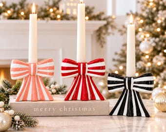 Ceramic Bow Candle Holder, Striped Taper Candle Holder, Christmas Table Decor, Coquette Home Decor