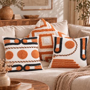 Fodera per cuscino boho ricamata, cuscino geometrico arancione e antracite, cuscino decorativo testurizzato 18x18