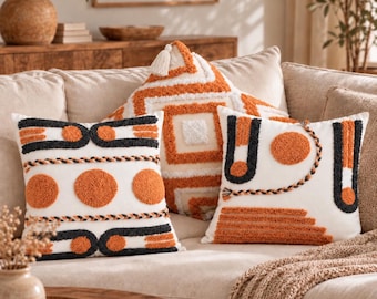 Embroidered Boho Pillow Cover, Orange Charcoal Geometric Cushion, Textured 18x18 Throw Pillow