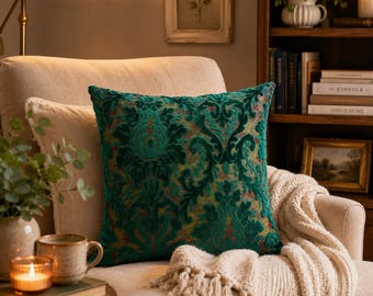 Green Velvet Pillow Cover, Teal Damask Throw Pillow Case, Luxury Floral Cushion Cover, Vintage Sofa Decor 18x18