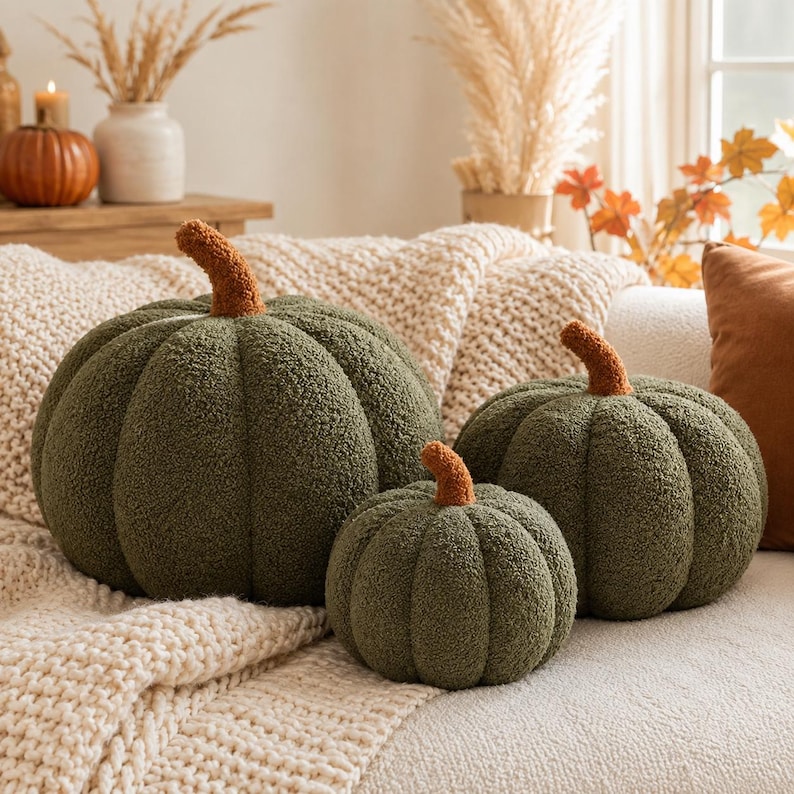 May include: Three round, olive green pumpkin-shaped pillows made of a textured, fuzzy fabric. Each pumpkin features a distinct ribbed design and a short, brown, textured stem at the top. The pillows vary in size, arranged in a cluster on a surface.