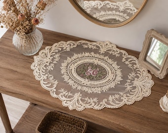 Vintage Cottagecore Decor, Floral Rose Embroidery, Oval Lace Table Mat, Doily Crochet Pattern Gift