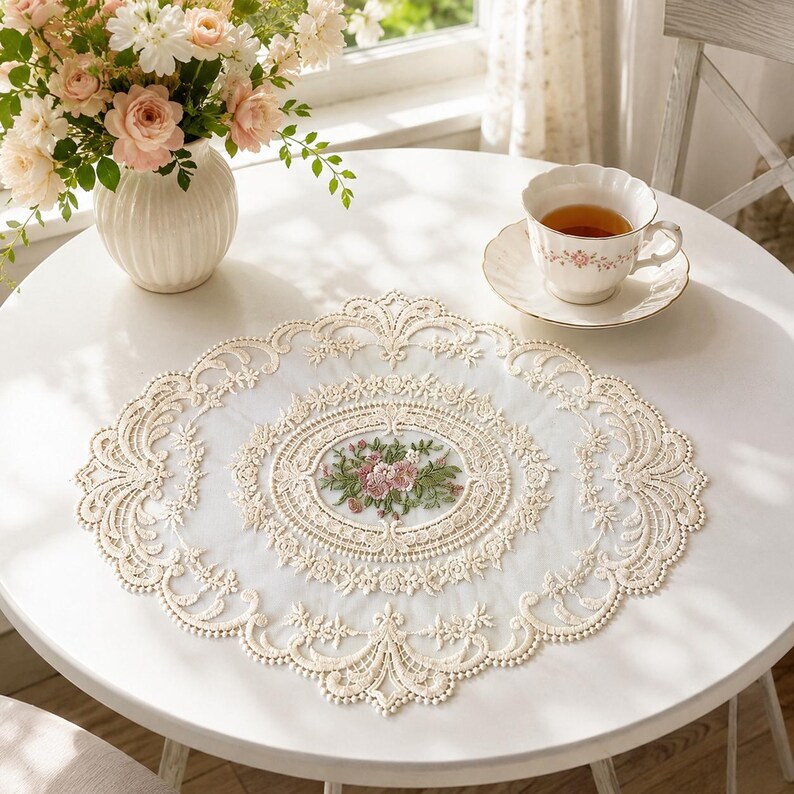 May include: A round cream-colored lace doily featuring an intricate embroidered floral center with pink and green thread. The doily has a scalloped edge with detailed openwork patterns and is placed on a white table surface.