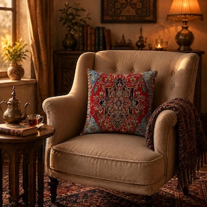 Persian Kilim Pillow Cover, Turkish Rug Style Cushion Case, Red Boho Throw Pillow, Oriental Sofa Decor 18x18