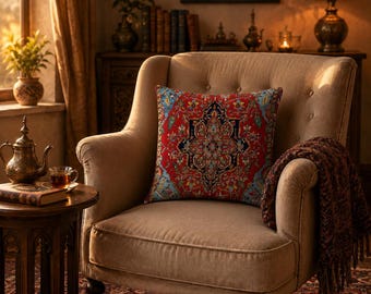 Persian Kilim Pillow Cover, Turkish Rug Style Cushion Case, Red Boho Throw Pillow, Oriental Sofa Decor 18x18