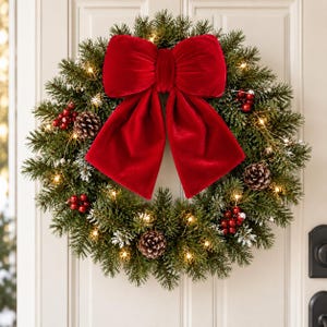 May include: A circular artificial evergreen wreath featuring a large red velvet bow at the top. The wreath is decorated with brown pinecones, clusters of red berries, and small warm white LED string lights woven throughout the green needles.