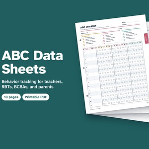 Puede incluir: Un conjunto de hojas de datos ABC imprimibles para el seguimiento del comportamiento, con una lista de verificación blanca con columnas para antecedentes, comportamientos y consecuencias. Incluye 13 páginas con cuadrículas y pestañas.