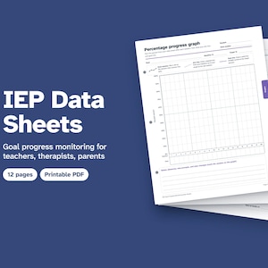 May include: A set of printable IEP data sheets featuring a percentage progress graph, goal tracking sections, and coloured tabs. The text reads IEP Data Sheets, Goal progress monitoring for teachers, therapists, parents, 12 pages, Printable PDF.
