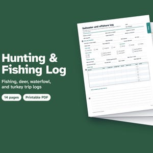 Puede incluir: Un registro de caza y pesca en PDF imprimible de 14 páginas con hojas blancas, texto oscuro y pestañas de colores. El documento incluye secciones para registros de agua salada y alta mar, condiciones climáticas, aparejos y una tabla de capturas.