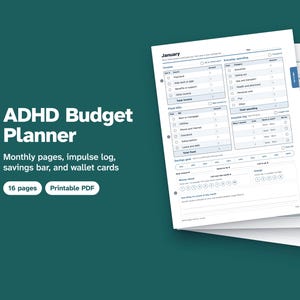Puede incluir: Un planificador de presupuesto ADHD digital de 16 páginas en formato PDF imprimible. El documento incluye hojas de seguimiento presupuestario mensual, un registro de impulsos, una barra de ahorro y tarjetas de billetera, organizadas en secciones claras.