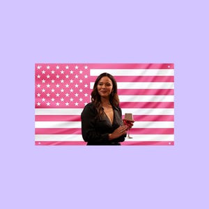 May include: A rectangular wall banner featuring a pink and white version of the United States flag with stars and stripes. A person with long brown hair wearing a black long-sleeved shirt holds a glass of red wine in front of the banner.