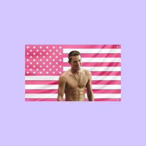 May include: A rectangular wall flag featuring a horizontal pattern of alternating pink and white stripes with a pink canton in the upper left corner containing white stars. A shirtless person with a necklace is centred in front of the flag.