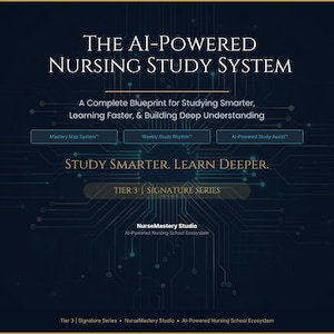 May include: A dark blue digital graphic titled The AI-Powered Nursing Study System. It features a circuit board pattern, text detailing a blueprint for learning, and labels for Mastery Map System, Weekly Study Rhythm, and AI-Powered Study Assist.