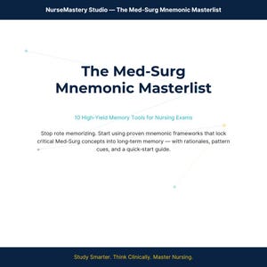 以下が含まれることがあります： NurseMastery Studioによる「The Med-Surg Mnemonic Masterlist」というタイトルのデジタル文書。看護試験向けの10個の高効率な記憶ツールを掲載しており、記憶術のフレームワーク、根拠、パターンキュー、およびクイックスタートガイドが含まれています。