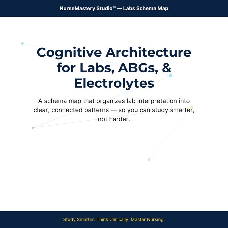 May include: A white educational chart titled NurseMastery Studio Labs Schema Map. It features the text Cognitive Architecture for Labs, ABGs, & Electrolytes, followed by A schema map that organizes lab interpretation into clear, connected patterns.
