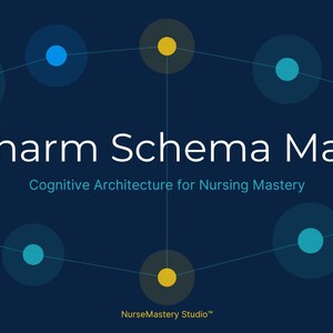 May include: A dark blue graphic titled Pharm Schema Map: Cognitive Architecture for Nursing Mastery. The design features a network of interconnected circles in shades of blue and yellow, connected by thin lines, with NurseMastery Studio at the bottom.