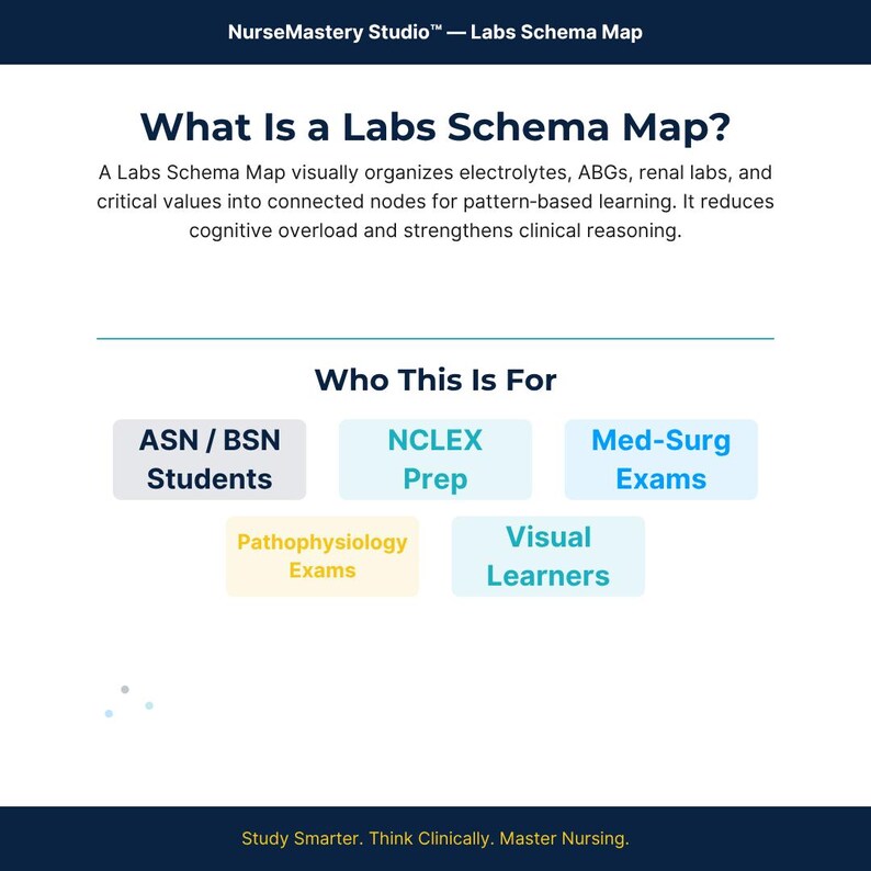 May include: A NurseMastery Studio Labs Schema Map educational graphic. It defines a Labs Schema Map as a tool organizing electrolytes, ABGs, and renal labs into nodes. It lists target audiences: ASN/BSN Students, NCLEX Prep, Med-Surg Exams, Pathophysiology Exams, and Visual Learners. The footer reads: Study Smarter. Think Clinically. Master Nursing.