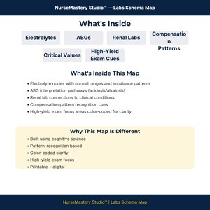 May include: A NurseMastery Studio Labs Schema Map educational document featuring sections titled What's Inside, What's Inside This Map, and Why This Map Is Different. It lists topics like Electrolytes, ABGs, Renal Labs, and Compensation Patterns.