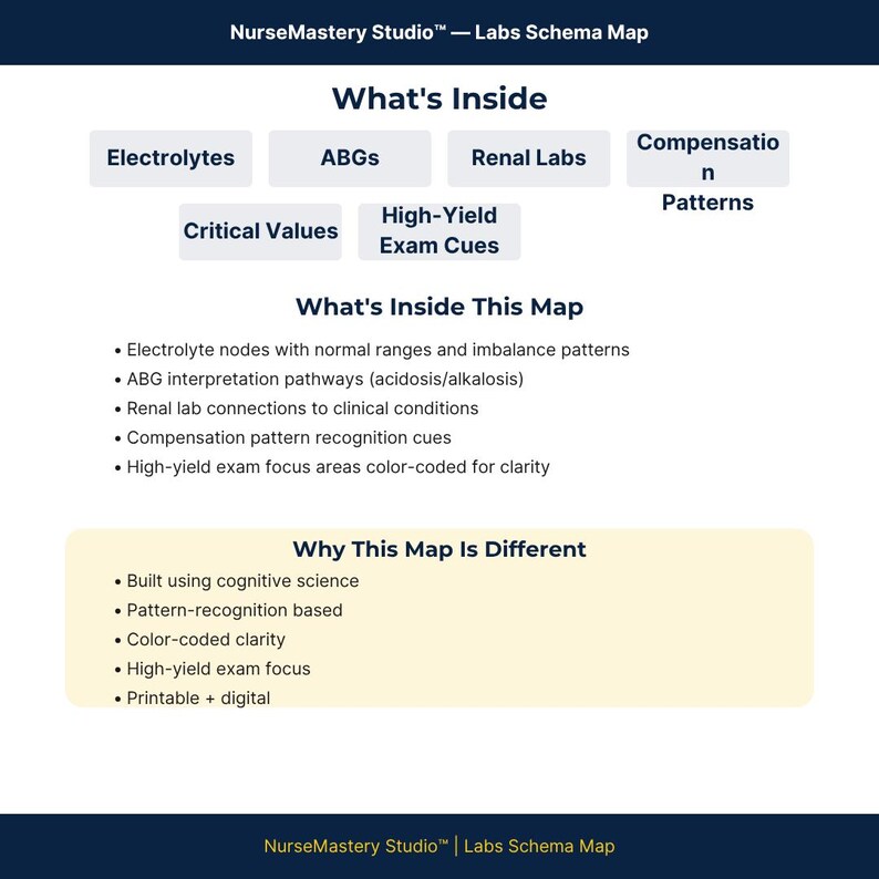 May include: A NurseMastery Studio Labs Schema Map educational document featuring sections titled What's Inside, What's Inside This Map, and Why This Map Is Different. It lists topics like Electrolytes, ABGs, Renal Labs, and Compensation Patterns.