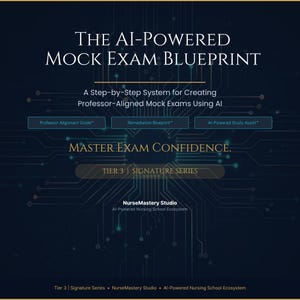 Op de afbeelding: Een donkerblauwe digitale afbeelding met de tekst The AI-Powered Mock Exam Blueprint, A Step-by-Step System for Creating Professor-Aligned Mock Exams Using AI, Master Exam Confidence, Tier 3 | Signature Series en NurseMastery Studio.