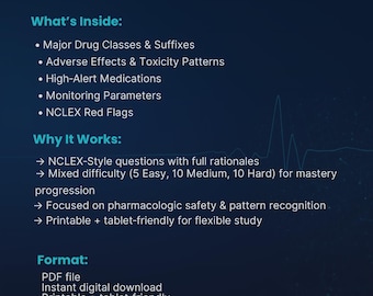 Pharmacology Nursing Practice Questions | 25 NCLEX‑Style Questions w/ Rationales | Drug Classes, Toxicity, Monitoring, High‑Alert Meds