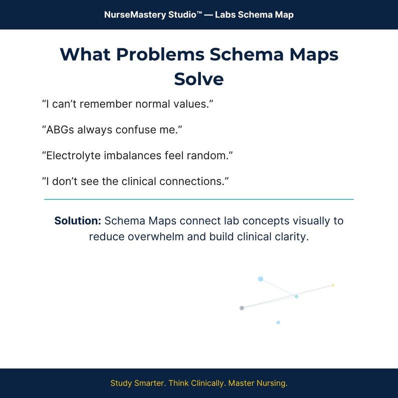 May include: A white educational infographic titled What Problems Schema Maps Solve, listing common nursing challenges like remembering normal values and ABGs, followed by a solution statement and a small abstract geometric graphic.