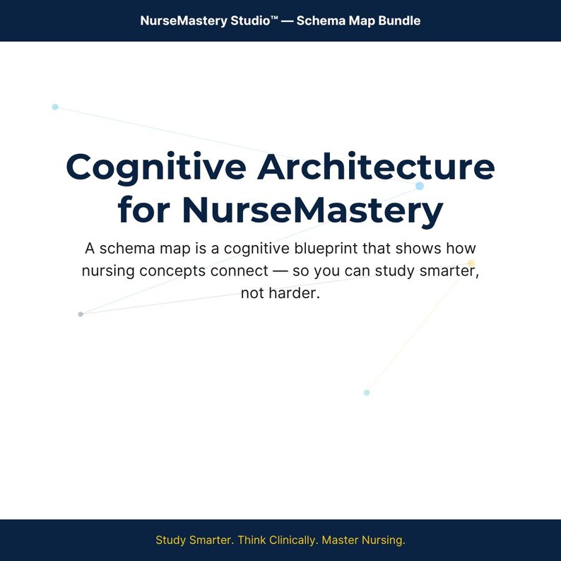 K&ouml;nnte beinhalten: Eine wei&szlig;e digitale Grafik mit dem Titel NurseMastery Studio Schema Map Bundle. Sie enth&auml;lt den Text Cognitive Architecture for NurseMastery und eine Beschreibung einer Schema-Karte als kognitiver Bauplan. D&uuml;nne Linien verbinden kleine farbige Punkte.