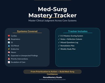 NurseMastery Med Surg Mastery Tracker | Nursing School Study Tool | Clinical Judgment, Prioritization & System Patterns PDF